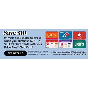 ShopRite Supermarkets 8/23-8/29: Purchase $75 in select GC get a $10 Grocery Voucher valid 8/30-9/5