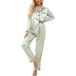 Ekouaer Women's Classic Button Down Long Satin Silk Pajama Set $11.99