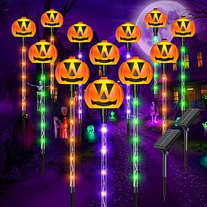 12-Count Ahaorigin Solar Halloween Pumpkin Pathway Stake Lights w/ 8 Modes & 84 Multicolor LEDs (2 x 6-Light Strings) $19.99 + Free Shipping w/ Prime or on $35+