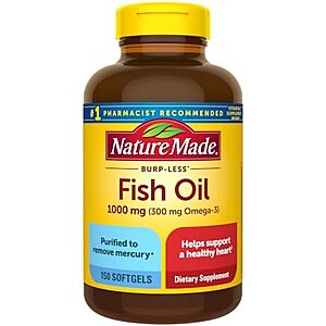 [SnS, AC] $9.61* | 2 × 150-ct Nature Made Burp Less Fish Oil Omega 3 1000mg Softgels ($4.81 each) at Amazon