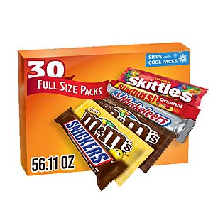 [S&S] M&M'S, SNICKERS, 3 MUSKETEERS, SKITTLES & STARBURST Variety Pack Full Size Bulk Candy Assortment, 56.11 oz, 30 Bars $17.22