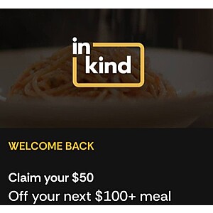 inKind - $50 off $100 Welcome Back Offer (YMMV)