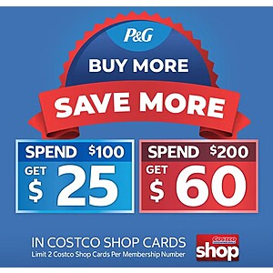 Costco - Get $25 or $60 Costco Shop Card When You Buy Select P&G Items