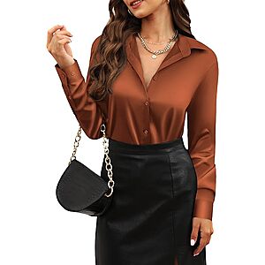 CUNLIN Women's Satin Button-Down Long-Sleeve Shirt (XXS–4XL, Solid Colors) from $11.99 + Free Shipping w/ Prime or on $35+