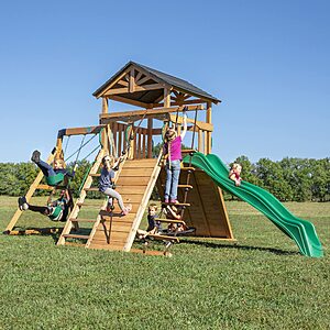 Backyard Discovery Endeavor All Cedar Wood Swing Set Playset for Backyard with Large Clubhouse Wave Slide Rope Ladder, various colors $1799