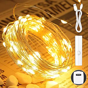 33' Lakumu USB-C Rechargeable Fairy Lights w/ 100 LEDs (Warm White) $7 + Free Shipping w/ Prime or on $35+