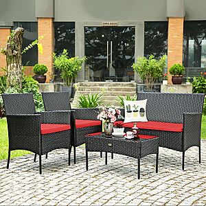 Costway 4PCS Patio Rattan Furniture Set Cushioned Sofa Coffee Table Backyard Porch Red $169.99