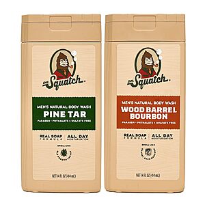 [S&S] Dr. Squatch Natural Men's Body Wash Shower Gel  Pine Tar + Wood Barrel Bourbon (14 oz, 2-Pack) $19.75