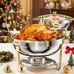 WARMOUNTS Gold Chafing Dish Buffet Set 2 Pack, 5QT Round Stainless Steel Chafers and Buffet Warmers Sets with Glass Lid & Lid Holder for Parties Catering Events $52.99