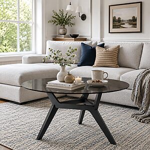 Vlsrka Round Glass Coffee Table, Soild Wood Base, 31.5" W, Black $71.99