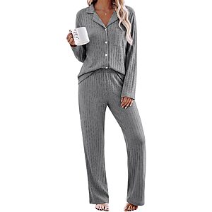 Ekouaer 2 Piece Pajamas Sets for Women Long Sleeve Ribbed Knit Loungewear $11.99