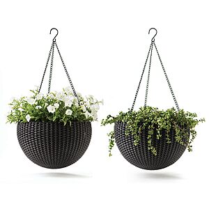 Keter Resin Rattan Set of 2 Round Hanging Planter Baskets for Indoor and Outdoor Plants-Perfect for Porches and Patio Decor, various colors $35.99