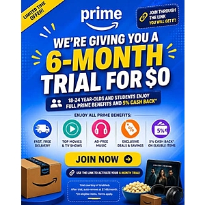 6 month free Amazon Prime Young Adults subscription