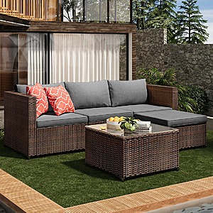 Ebern Designs Dossena Wicker 3-Person Modular Patio Conversation Sets with Cushions (Gray) $316.99