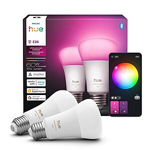 2-Pack Philips Hue Smart A19 LED Bulbs (Multicolor, E26) $68.99 + Free Shipping