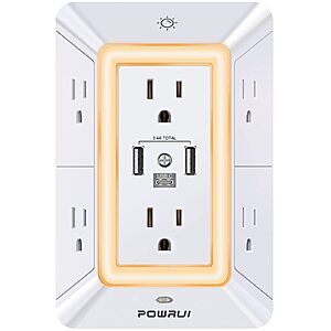 Multi Plug Wall Outlet Night Light, POWRUI 6 Outlet Extender & 3 USB Ports $9.97
