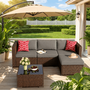 Asofer 5 Pieces Outdoor Conversation Sectional PE Rattan Wicker Furniture Sofa, Gray $180.87