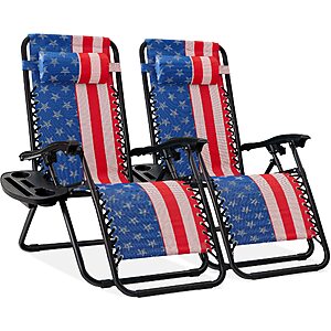 Best Choice Products Set of 2 Adjustable Steel Mesh Zero Gravity Lounge Chair Recliners w/Pillows and Cup Holder Trays - American Flag $79.99