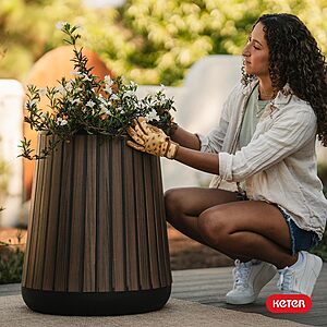 Keter Signature Conic 23.8 Inch Tall Round Large Wood Look Planter for Indoor or Outdoor Flower Pot $59.99