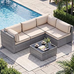 Shintenchi 5 Piece Outdoor Patio Furniture Set with Silver PE Rattan, Khaki $309.99