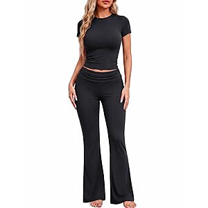 2-Piece Ekouaer Women's Short Sleeve Crop Top & Flare Pants Lounge Set (Black) $10.99 + Free Shipping w/ Prime or on $35+