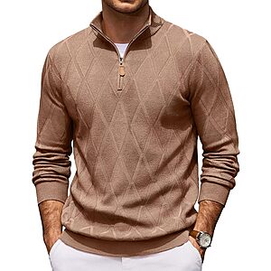 COOFANDY Men's Quarter-Zip Pullover Sweater Stretch Knit Checked Sweater (Various Colors) $12.50 + Free Shipping w/ Prime or on $35+