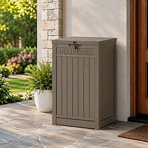 EFU 55 Gal. Medium Brown Wood Grain Resin Deck Box Outdoor Package Drop Box with Lockable Lid Weather Resistant $36.5