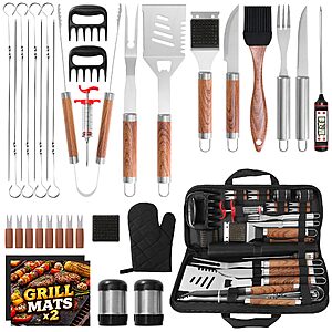 Kaluns 35PC BBQ Grill Tools Set โ Heavy Duty Stainless Steel Grill Accessories Kit with Case, Meat Thermometer, Injector, Claws & Mats $29.99
