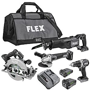 FLEX 24V Brushless Cordless 4-Tool Combo Kit: Circular Saw, Reciprocating Saw, Fixed Speed Angle Grinder, Drill Driver with 2.5 Ah, 5.0Ah Lithium Batteries and 160W Charger $296.71