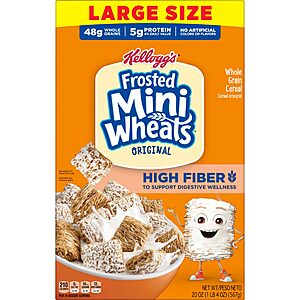 Kellogg’s Frosted Mini-Wheats Breakfast Cereal, High Fiber, 48g Whole Grain, Large Size, 20 oz 2-pack $6.45