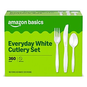 360 count, Amazon Basics Disposable Everyday White Assorted Cutlery Set, Large Combo Pack, Forks, Spoons, and Knives, $9.57 if coupon available, Amazon