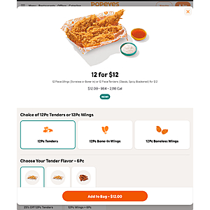 It’s Back: Popeyes 12 for $12 Chicken Tenders or Wings (Bone-in or boneless) for Rewards Members Previously FP
