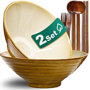 8-Inch 2 Sets Ceramic Ramen Bowl (8 Piece) - Japanese Porcelain Dishwasher Microwave Safe Salad Noodles Cereal Pasta Soup Large Bowls with Chopsticks $16.49