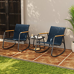 3 Piece Outdoor Patio Set with Textilene Rocking Chairs and Solid Wood Armrests - $85.49 + free shipping