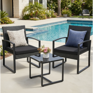 3 Piece Wicker Patio Bistro Set with Coffee Table, Outdoor Rattan Conversation Set (Black, Gray, or Beige) - $86.99