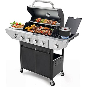 FIROMO 4-Burner Propane Gas Grill in Stainless Steel with Side Burner, Condiment Rack, and Built-in Thermometer for Outdoor BBQ $227.99