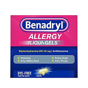 Select Accounts: 24-Count Benadryl Dye-Free Allergy Relief Liqui-Gels (25mg Diphenhydramine HCl) $3.84 w/ S&S + Free Shipping w/ Prime or on $35+