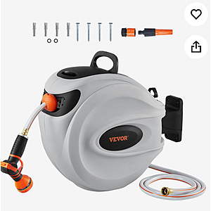 VEVOR Retractable Hose Reel, 65 ft x 5/8 inch, 180° Swivel Wall-Mounted, Garden Water Hose Reel with 9-Pattern Nozzle, Automatic Rewind, Lock at Any Length, and Slow Retur $55