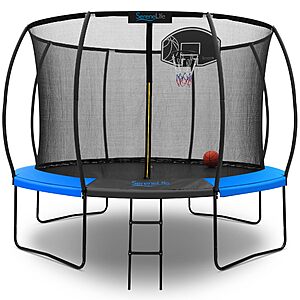 SereneLife 10FT Outdoor Trampoline for Kids, Net Enclosure, Ladder & Basketball Hoop – ASTM Certified, Supports 308 lbs, 120"x111", Blue $271