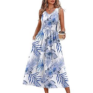 OFEEFAN Women's Casual V Neck Flowy  Summer Midi Dress w/ Pockets (Various) $9.99 + Free Shipping w/ Prime or on $35+