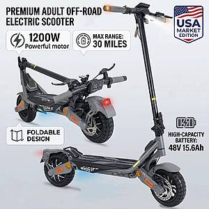 Blikydom 1200W 10-inch On/Off-Road Electric Scooter 35mph 48V 15.6Ah Dual Suspension $290 + Free S/H $289.7