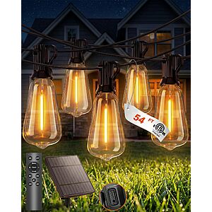 54FT Pesken ST38 Solar Outdoor String Lights w/ Remote, 15 Bulbs – $17.99 w/ Code (Reg. $29.99)