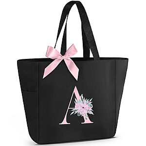Vavabox Tote Bag, A-Z Initial Monogrammed Waterproof Tote Bag, Bridesmaid Gifts for Women, Black and Pink (A, Black) $6.39