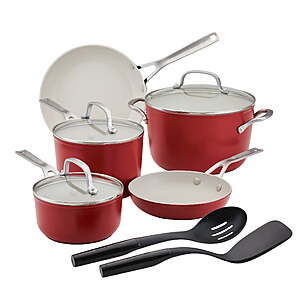 KitchenAid Ceramic Forged 10 Pcs Nonstick Cookware Set, Dishwasher Safe and Oven Safe to 500°F, Empire Red $64.5