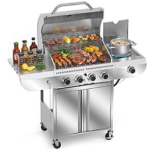 Electactic Stainless Steel 4-Burner Gas Grill with Side Burner – 42000BTU Propane BBQ Grill with Thermometer~$289.98 @ Amazon