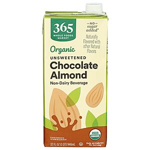PRIME DEAL 4/$10.07 or less S&S   365 by Whole Foods Shelf Stable Organic  Unsweetened Almond Milk (Plain, Vanilla or Chocolate), 32 Fl Oz