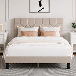 Novilla Queen Upholstered 1000-Lb Capacity Bed Frame w/ Adjustable Linen Headboard (Beige) $98.99 + Free Shipping