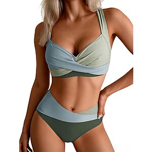 B2prity Bikini Sets for Women Two Piece Swimsuit Mid Rise Color Block Bathing Suit Tie Back Swimwear $9.99