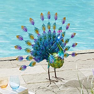 Glitzhome Metal Peacock Tail Spread Garden Statue with Stakes Outdoor Decoration, 28.75" W $43.22