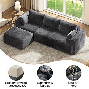 Sikaic 108" Cloud Couch Sectional, L Shaped Convertible Sofa Set with 2 Pillows and 3 Cushions Back, Corduroy Modular Boneless Couch with Ottoman, Dark Grey for $220 $219.99
